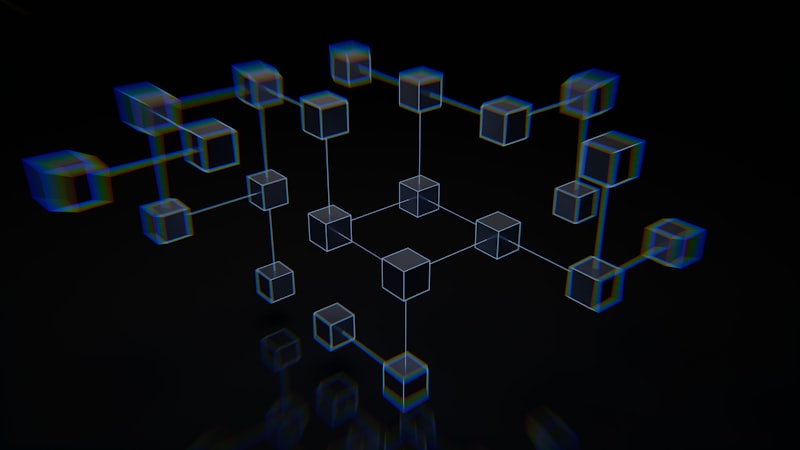Abstract visualization of decentralized ledger technology, vibrant green data blocks forming a chain in a dark void, premium digital art, no human